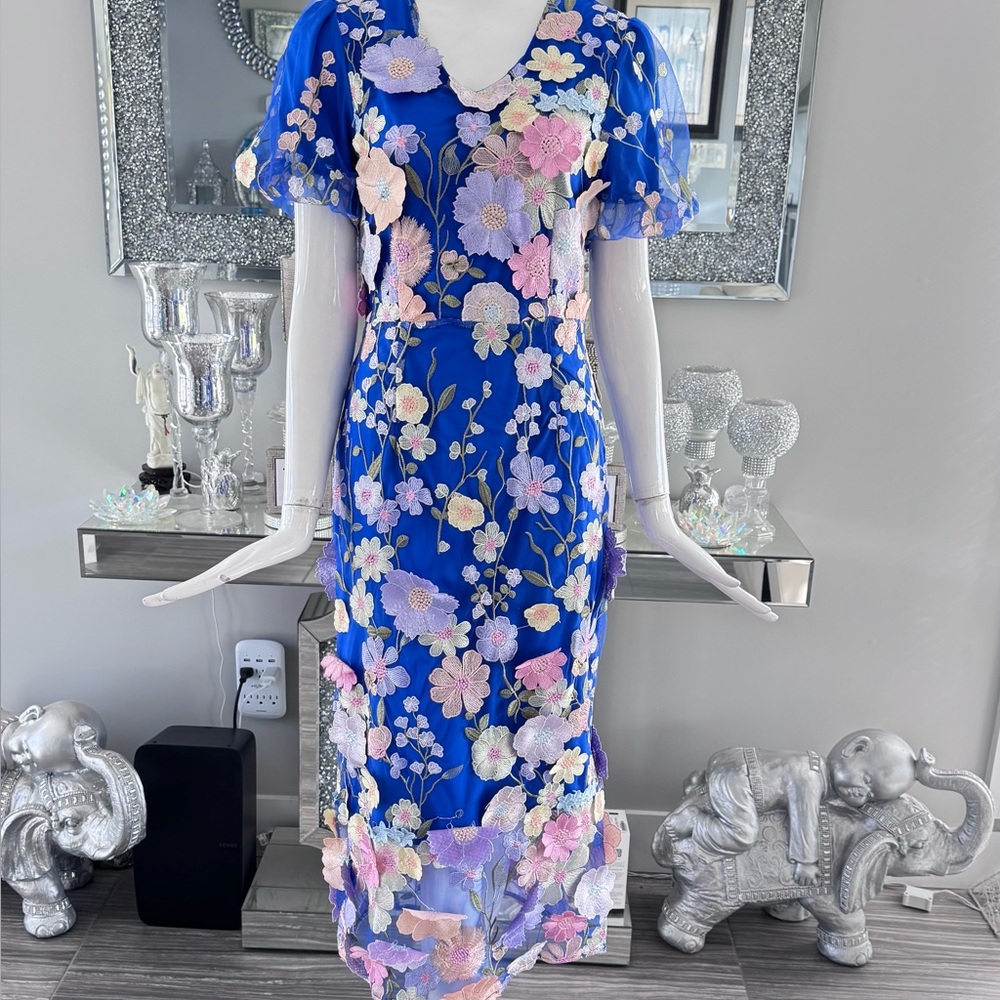 New 🪻Chic Floral Midi Dress in Blue and Cream - Picture 15 of 17